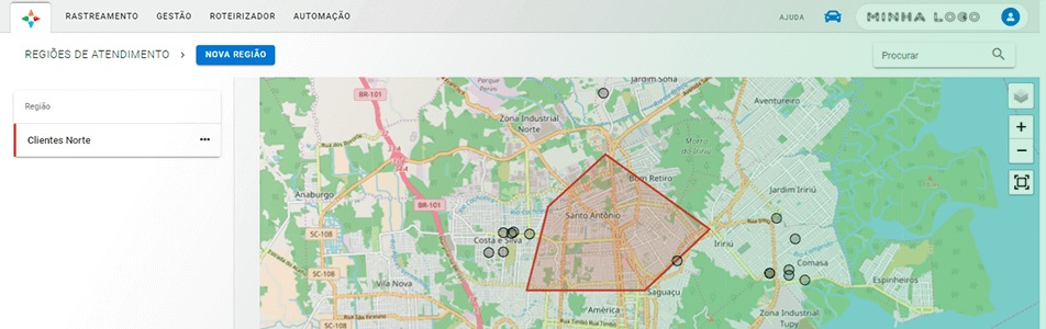 Tela de Regiões de Atendimento Tela de rotas em execução do sistema - Melhor roteirizador