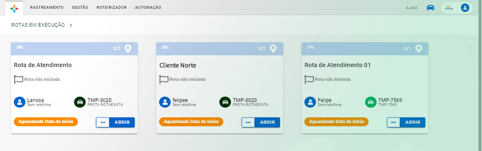 Tela de rotas em execução - Melhor roteirizador