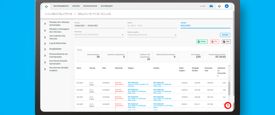 Relatório de Deslocamento dos Veículos 