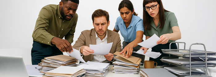 equipe-de-escritório-frustrada,-buscando-informações-em-pilhas-de-papel-multas