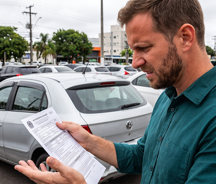 Homem de camisa verde olha preocupado para uma notificação de autuação de trânsito, com um carro prata estacionado ao fundo