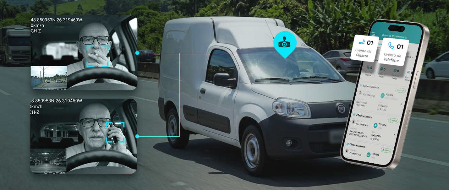 Câmera RotaCam em van de frota detecta uso de cigarro e de telefone ao volante e registra os eventos no painel de monitoramento