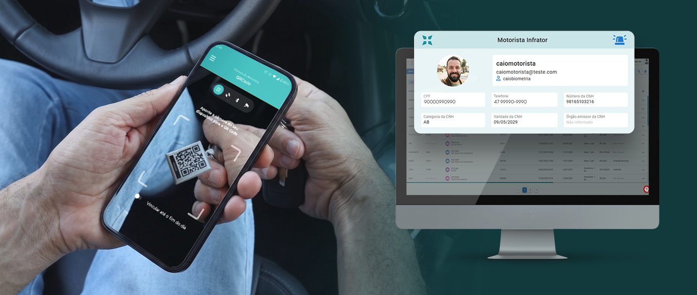 Motorista lê o QR Code do veículo pelo aplicativo para se identificar, e o sistema exibe a ficha com os dados da CNH