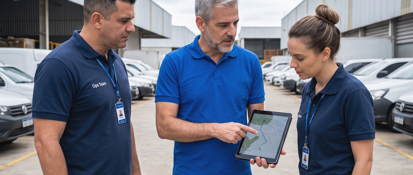 Dono de frota e equipe acompanham a rota dos veículos em um tablet no pátio da empresa